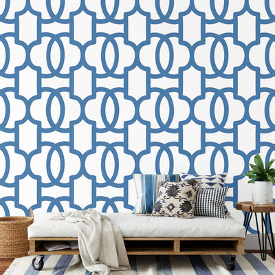 Art Deco Trellis Wallpaper - Petrol Blue